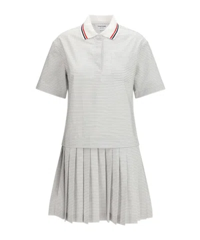 Thom Browne Short-sleeved Striped Polo Mini Dress In Silver