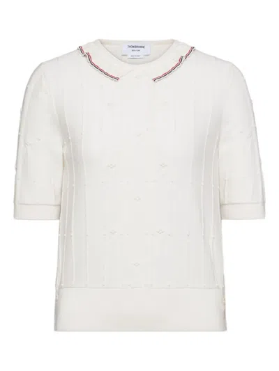 Thom Browne Collared Bobble Stitch Short-sleeve Sweater In White