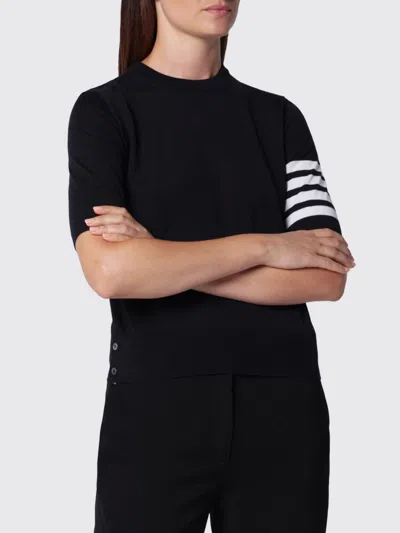 Thom Browne Short-sleeved Crew Neck Jumper In Virgin Wool With 4-bar Stripe In Blue
