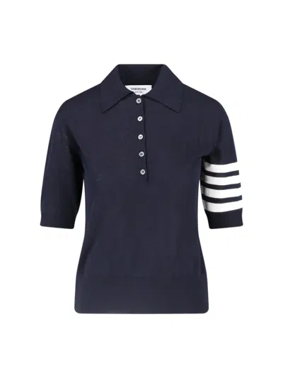 Thom Browne Short-sleeved Fitted Polo Shirt With Sporty Stripes In Blue