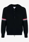 Thom Browne Zip-up Hoodie With Drawstring And Contrast Stripes In Blue