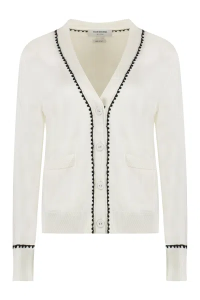 Thom Browne Silk And Cotton Cardigan With Contrast Trimmings In White