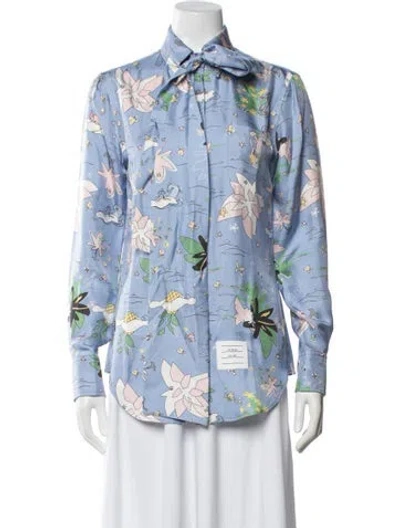 Pre-owned Thom Browne Silk Floral Print Button-up Top In Blue