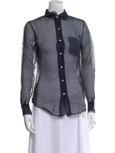 Pre-owned Thom Browne Silk Mock Neck Button-up Top In Blue