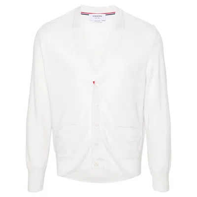 Thom Browne Silk Pique 4-bar V Neck Cardigan Men In White