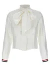 Thom Browne Silk Shirt With Bow Detail And Striped Cuffs In White