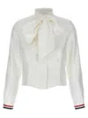 Thom Browne Silk Shirt With Bow Detail And Striped Cuffs In White