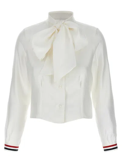 Thom Browne Silk Shirt With Bow Detail And Striped Cuffs In White