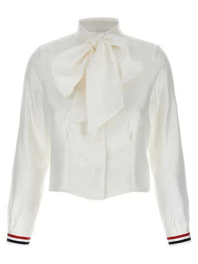 Thom Browne Silk Shirt With Bow Detail And Striped Cuffs In White