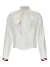 Thom Browne Silk Shirt With Bow Detail And Striped Cuffs In White