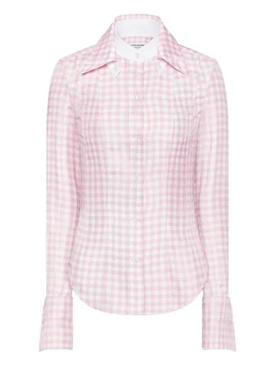 Thom Browne Silk Twill Gingham Shirt Women In Gray