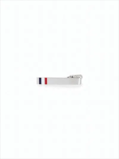 Thom Browne Silver Tie Clip With Signature Stripes In Metallic