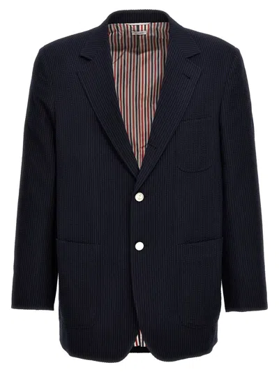Thom Browne Seersucker Blazer With Single-breasted Design In Blue