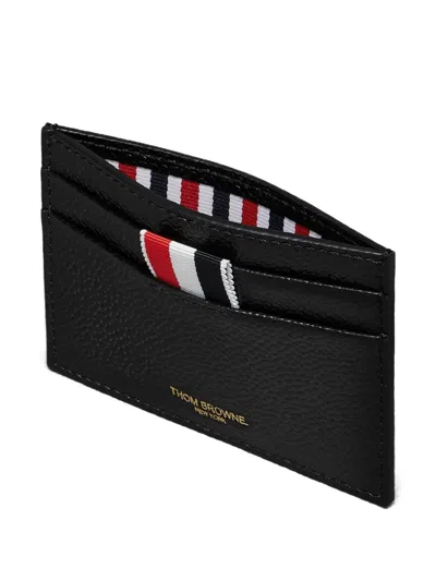 Thom Browne Single Card Holder W/ Goose Half Drop Embroidery In Pebble Grain Leather In Black