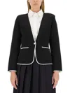 Thom Browne Double Face Merino Wool Tipping Collarless Jacket In Black
