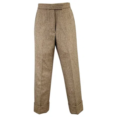 Pre-owned Thom Browne Size 2 Brown Olive Wool Herringbone Flat Front Dress Pants