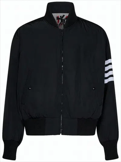 Thom Browne Sleek Black Bomber Jacket With Bold Stripe Detail