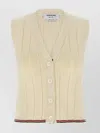 Thom Browne Sleeveless V-neck Ribbed Striped Vest In Neutral