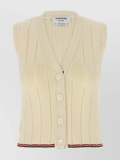 THOM BROWNE SLEEVELESS V-NECK RIBBED STRIPED VEST