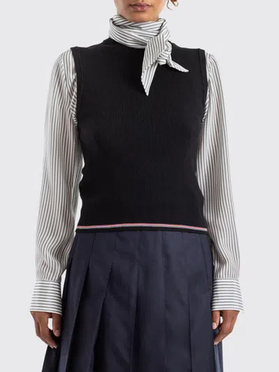 Thom Browne Slim Fit Wool Knit Top With Iconic Contrasting 4-bar In Black