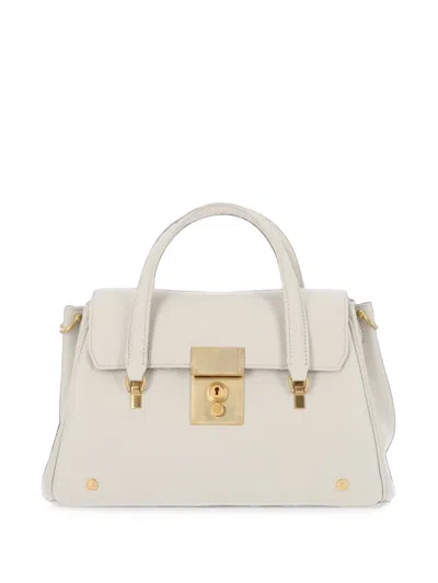 Thom Browne Small Bolton Grained Leather Tote Bag In White