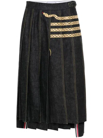 Thom Browne Snake-embroidered Asymmetric Pleated Skirt In Blue