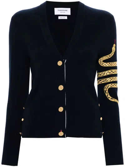 Thom Browne Snake-embroidered Cashmere Cardigan In Blue