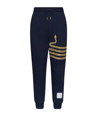 Thom Browne Snake-embroidery Cotton Track Pants In Blue
