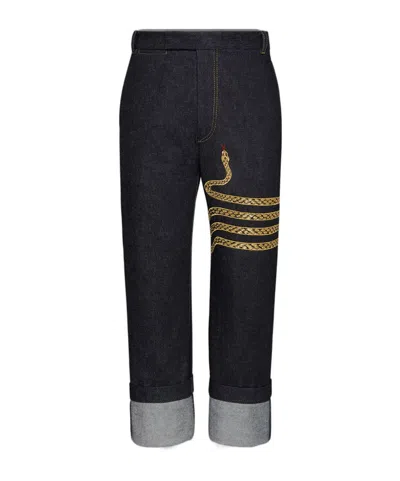 Thom Browne Snake-embroidery Straight-leg Jeans In Black