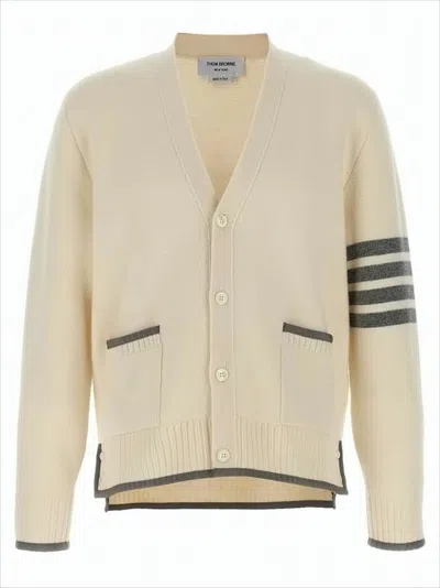 Thom Browne Soft Wool Knit Cardigan With V-neck And Contrasting Details In Neutral