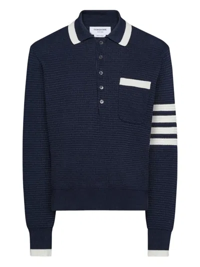 Thom Browne Stitch 4-bar Long-sleeve Polo Shirt In Blue