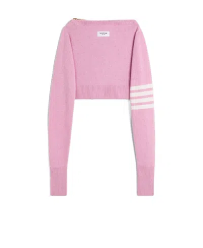 Thom Browne Stitch-merino Crewneck Sweater Shell Bag In Pink