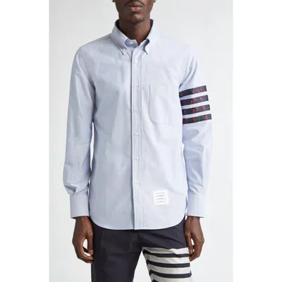 Thom Browne Straight Fit Rose Detail 4-bar Cotton Button-down Shirt In Light Blue