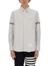 Thom Browne Vertical Stripe Long-sleeve Shirt With Tricolor Detail In Grey