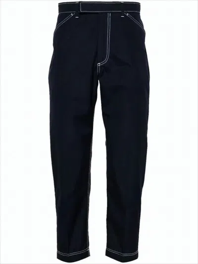 Thom Browne Straight-leg Trousers With Contrast White Stitching And Tailored Finish In Blue