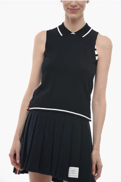 Thom Browne Stretch Fabric Tank Top With Polo Neck In Black