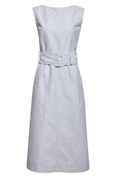 Thom Browne Stripe Bateau Neck Linen Blend Column Dress In Gray