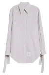 Thom Browne Stripe Bow Cuff Silk Blend Button-up Shirt In Medium Grey