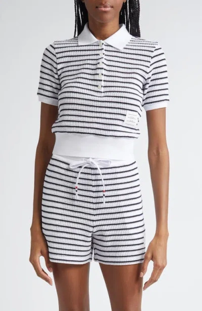 Thom Browne Stripe Cotton Knit Polo In Navy