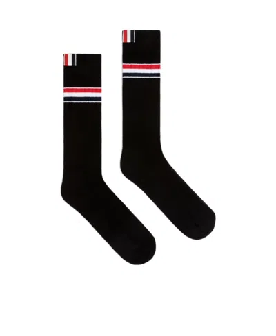 Thom Browne Stripe-detail Mid-calf Socks In Black