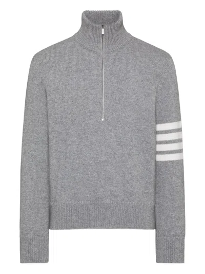 Thom Browne Stripe-detail Zip-neck Sweater In Gray
