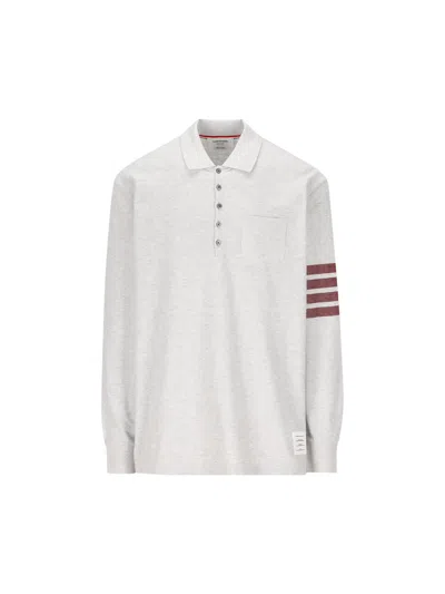 Thom Browne Stripe-detailed Long-sleeved Polo Shirt In Pale Grey