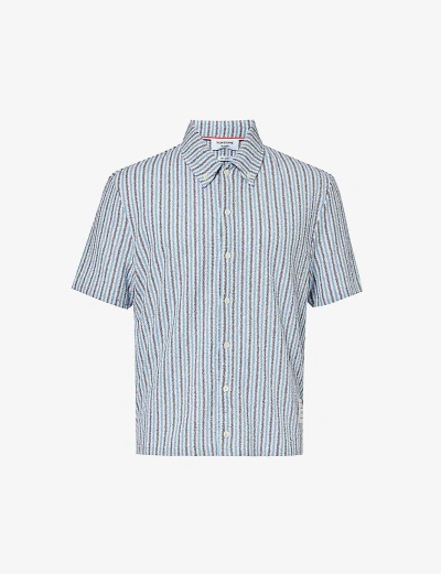Thom Browne Mens Seasonal Multi Stripe-pattern Short-sleeve Regular-fit Cotton-knit Shirt