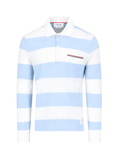 Thom Browne Light Blue And White Striped Long-sleeved Polo Shirt