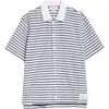 Thom Browne Stripe Short Sleeve Cotton Knit Button-up Shirt In Navy