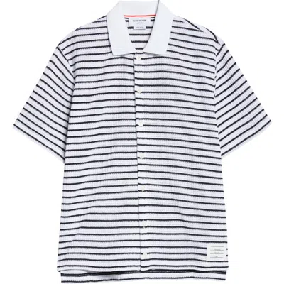 Thom Browne Stripe Short Sleeve Cotton Knit Button-up Shirt In Navy