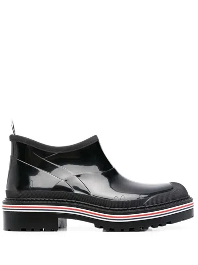 THOM BROWNE STRIPE-TRIM ANKLE BOOTS IN BLACK RUBBER MAN