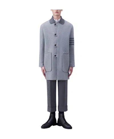 Thom Browne Stripe-trim Detail Single-breasted Coat In Gray