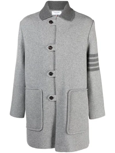 Thom Browne Stripe-trim Detail Single-breasted Coat In Grey
