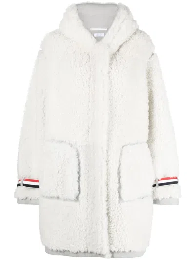 Thom Browne Stripe-trim Hooded Shearling Coat In White